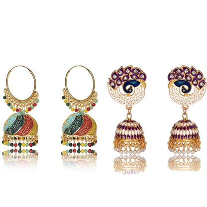 Handmade Alloy Dome Shaped Jhumka Earrings, Ethnic Jhumki Collection for Women and Girls (Combo), Multicolur-Purple