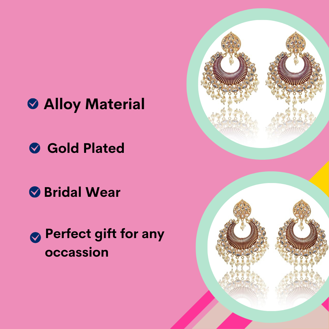 Gold Plated Kundan and Pearl Big Chandbali Earrings for Women and Girls, Traditional Ethnic Combo Collection, Purple-Maroon