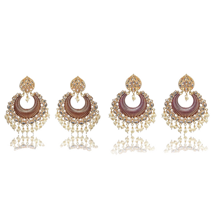 Gold Plated Kundan and Pearl Big Chandbali Earrings for Women and Girls, Traditional Ethnic Combo Collection, Purple-Maroon