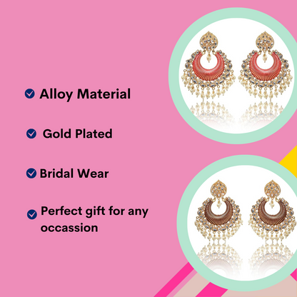 Gold Plated Kundan and Pearl Big Chandbali Earrings for Women and Girls, Traditional Ethnic Combo Collection, Red-Maroon