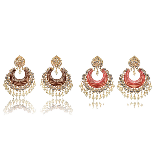 Gold Plated Kundan and Pearl Big Chandbali Earrings for Women and Girls, Traditional Ethnic Combo Collection, Red-Maroon