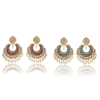 Gold Plated Kundan and Pearl Big Chandbali Earrings for Women and Girls, Traditional Ethnic Combo Collection, Green-Maroon