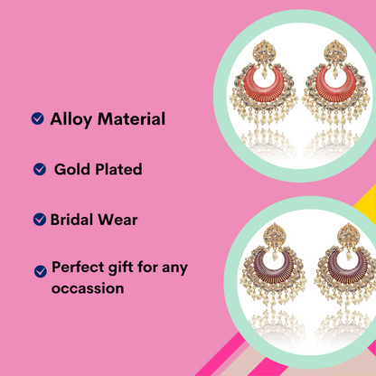 Gold Plated Kundan and Pearl Big Chandbali Earrings for Women and Girls, Traditional Ethnic Combo Collection, Purple-Red