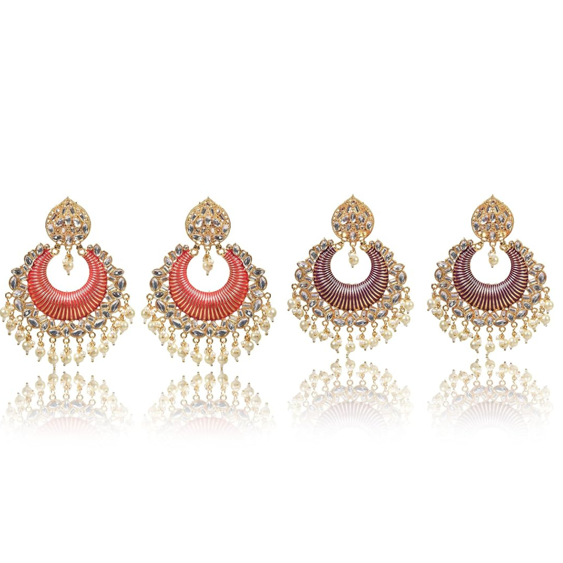 Gold Plated Kundan and Pearl Big Chandbali Earrings for Women and Girls, Traditional Ethnic Combo Collection, Purple-Red