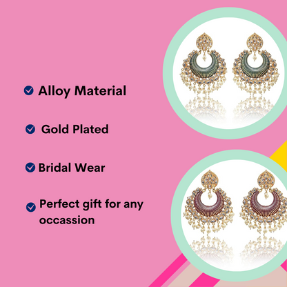 Gold Plated Kundan and Pearl Big Chandbali Earrings for Women and Girls, Traditional Ethnic Combo Collection, Green-Purple