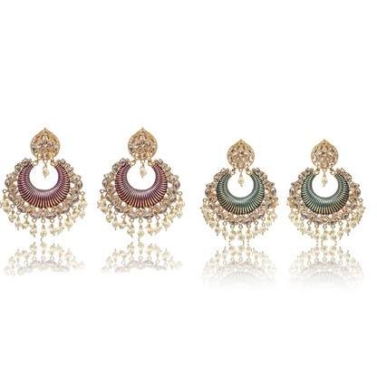 Gold Plated Kundan and Pearl Big Chandbali Earrings for Women and Girls, Traditional Ethnic Combo Collection, Green-Purple