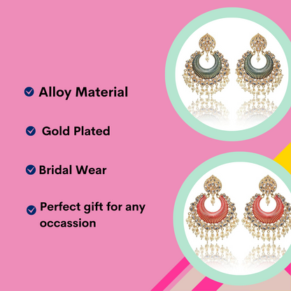 Gold Plated Kundan and Pearl Big Chandbali Earrings for Women and Girls, Traditional Ethnic Combo Collection, Green-Red