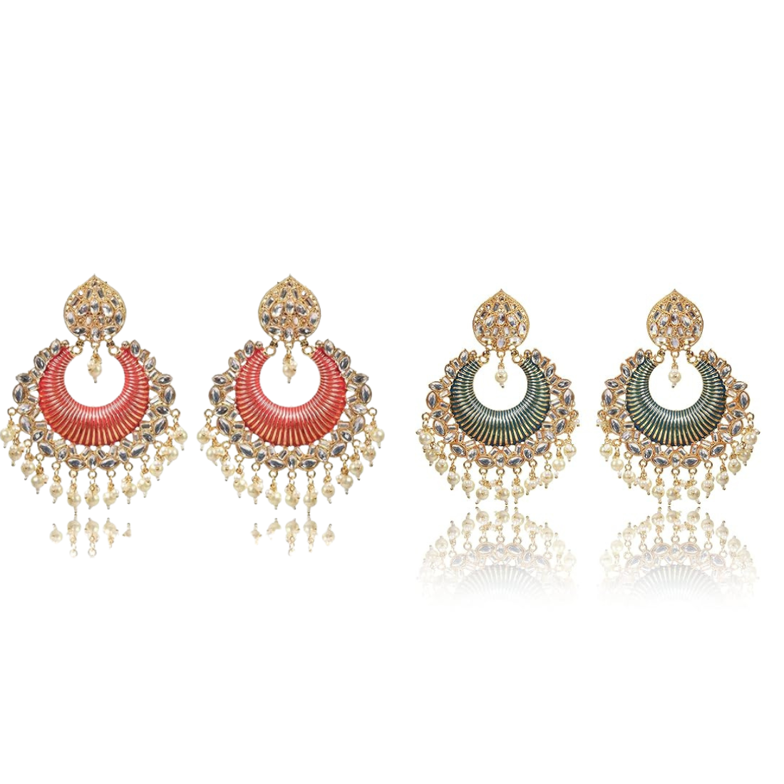 Gold Plated Kundan and Pearl Big Chandbali Earrings for Women and Girls, Traditional Ethnic Combo Collection, Green-Red