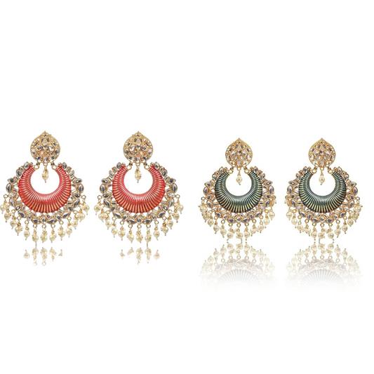 Gold Plated Kundan and Pearl Big Chandbali Earrings for Women and Girls, Traditional Ethnic Combo Collection, Green-Red