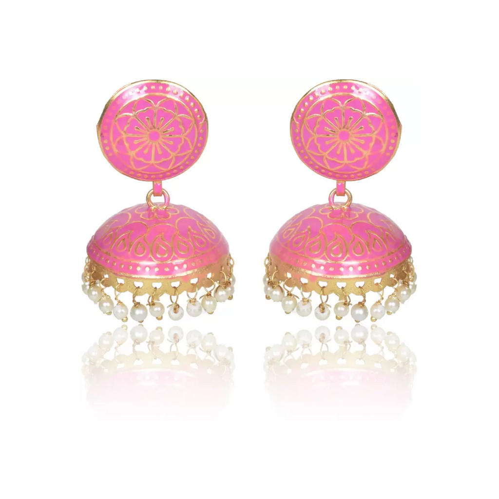 Ethnic Gold Plated Handmade Brass Jhumki/ Jhumka Earrings for Women & Girls (Pink)