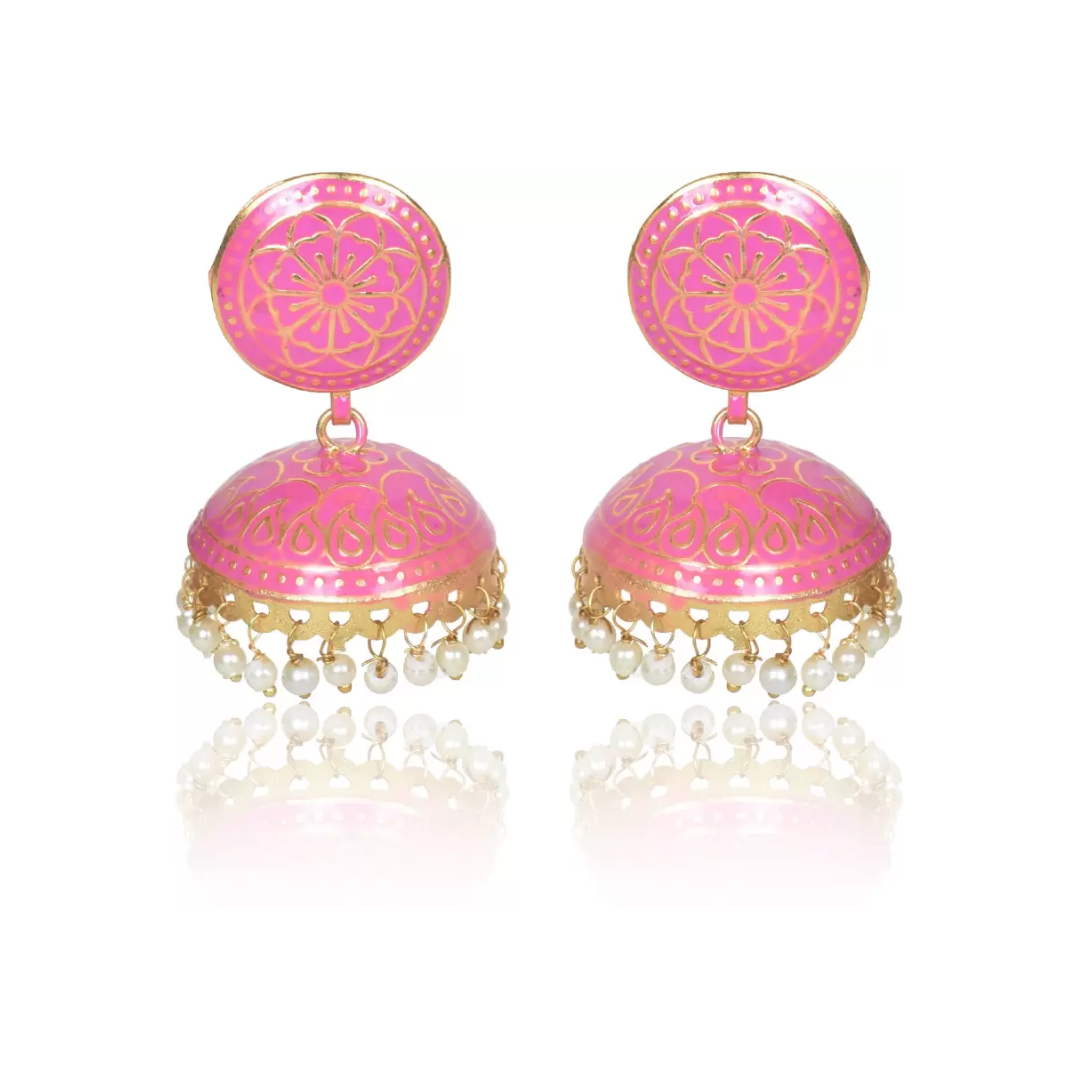 Ethnic Gold Plated Handmade Brass Jhumki/ Jhumka Earrings for Women & Girls (Pink)