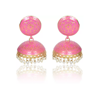 Ethnic Gold Plated Handmade Brass Jhumki/ Jhumka Earrings for Women & Girls (Pink)