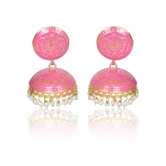 Ethnic Gold Plated Handmade Brass Jhumki/ Jhumka Earrings for Women & Girls (Pink)