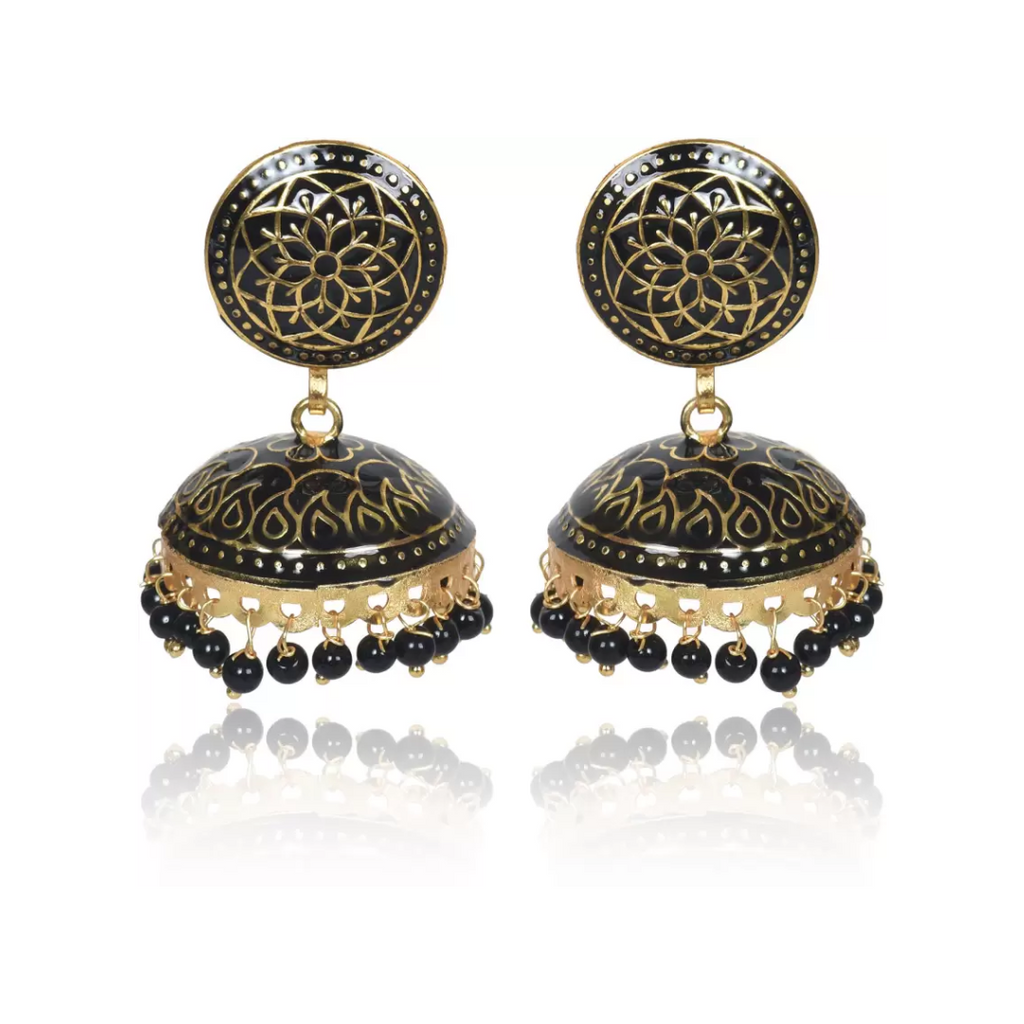 Ethnic Gold Plated Handmade Brass Jhumki/ Jhumka Earrings for Women & Girls (Black)
