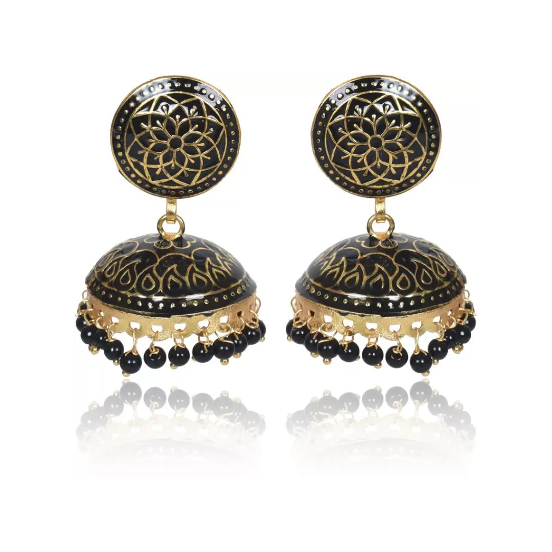 Ethnic Gold Plated Handmade Brass Jhumki/ Jhumka Earrings for Women & Girls (Black)