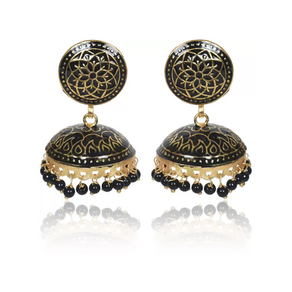 Ethnic Gold Plated Handmade Brass Jhumki/ Jhumka Earrings for Women & Girls (Black)