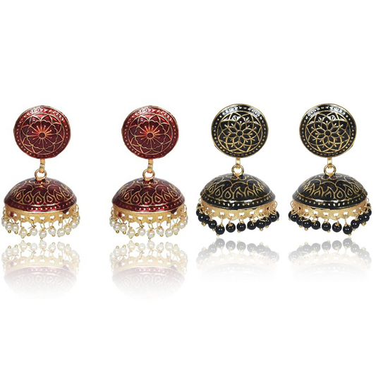 Traditional Gold Plated Meenakari Handmade Jhumki/Jhumka Earrings, Stylish Combo Earrings for Women & Girls, Black & Red