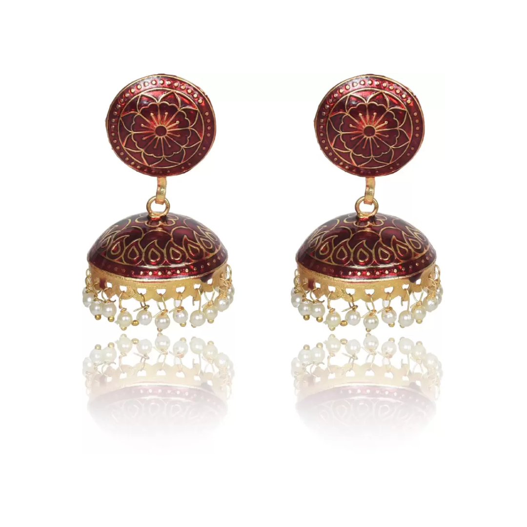 Ethnic Gold Plated Handmade Brass Jhumki/ Jhumka Earrings for Women & Girls (Red)