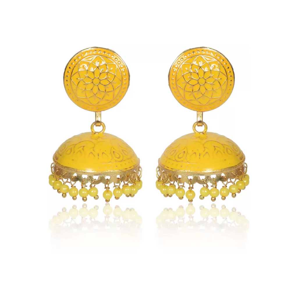 Ethnic Gold Plated Handmade Brass Jhumki/ Jhumka Earrings for Women & Girls (Yellow)