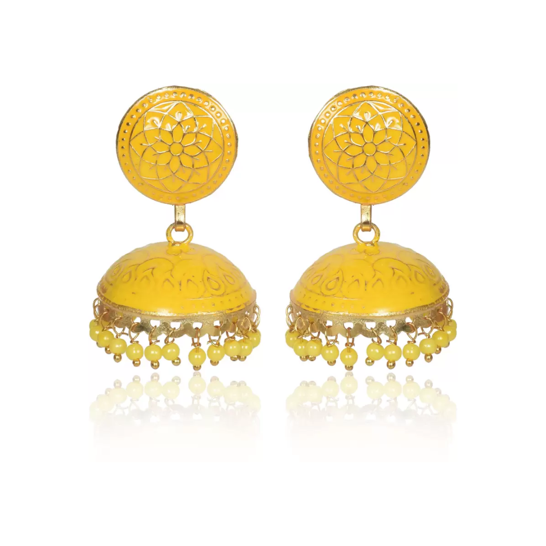 Ethnic Gold Plated Handmade Brass Jhumki/ Jhumka Earrings for Women & Girls (Yellow)