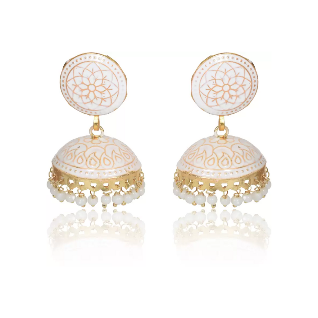 Ethnic Gold Plated Handmade Brass Jhumki/ Jhumka Earrings for Women & Girls (White)