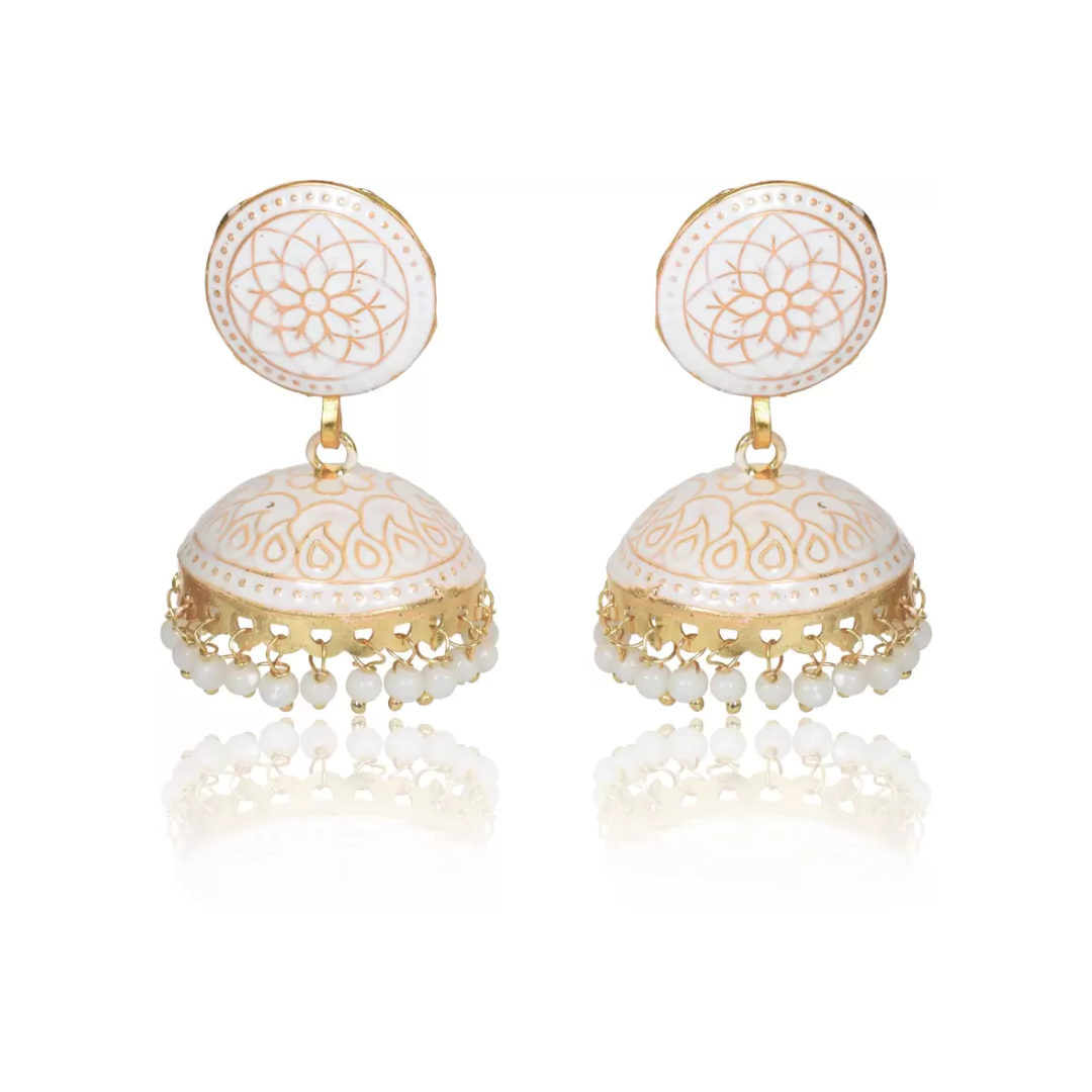 Ethnic Gold Plated Handmade Brass Jhumki/ Jhumka Earrings for Women & Girls (White)