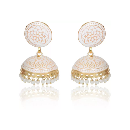 Ethnic Gold Plated Handmade Brass Jhumki/ Jhumka Earrings for Women & Girls (White)