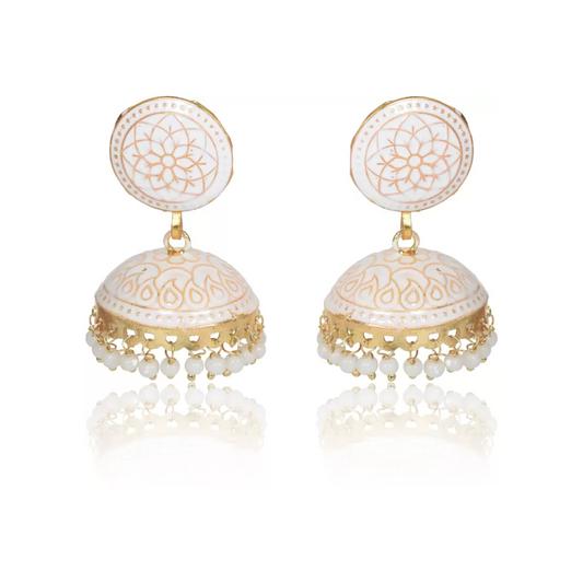 Ethnic Gold Plated Handmade Brass Jhumki/ Jhumka Earrings for Women & Girls (White)