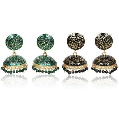 Traditional Gold Plated Meenakari Handmade Jhumki/Jhumka Earrings, Stylish Combo Earrings for Women & Girls, Black & Dark Green