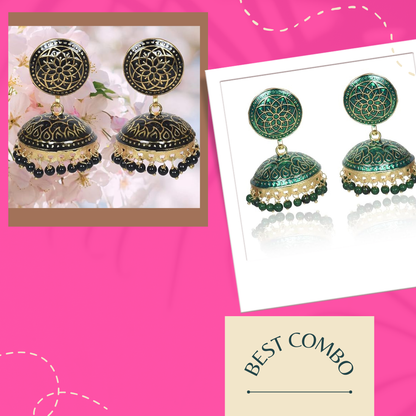 Traditional Gold Plated Meenakari Handmade Jhumki/Jhumka Earrings, Stylish Combo Earrings for Women & Girls, Black & Dark Green