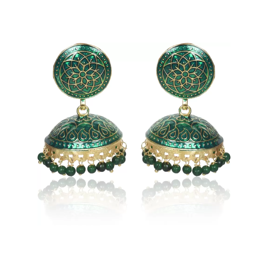 Ethnic Gold Plated Handmade Brass Jhumki/ Jhumka Earrings for Women & Girls (Green)