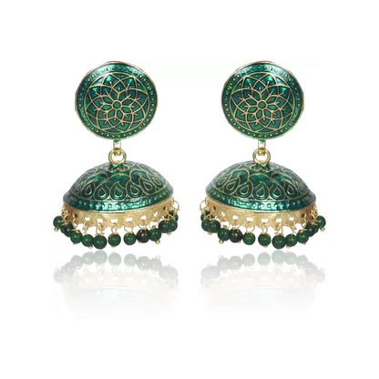 Ethnic Gold Plated Handmade Brass Jhumki/ Jhumka Earrings for Women & Girls (Green)