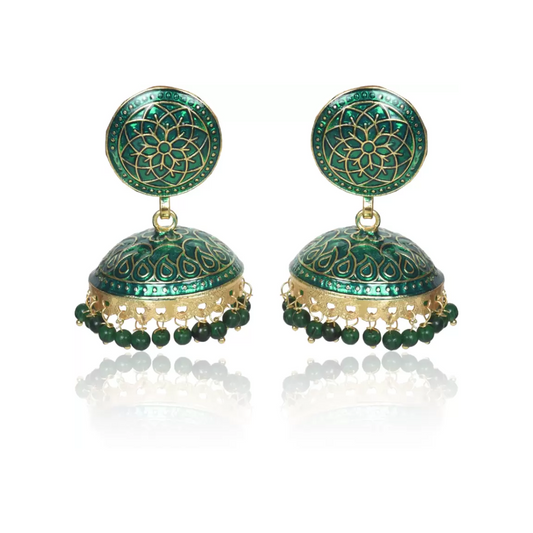 Ethnic Gold Plated Handmade Brass Jhumki/ Jhumka Earrings for Women & Girls (Green)