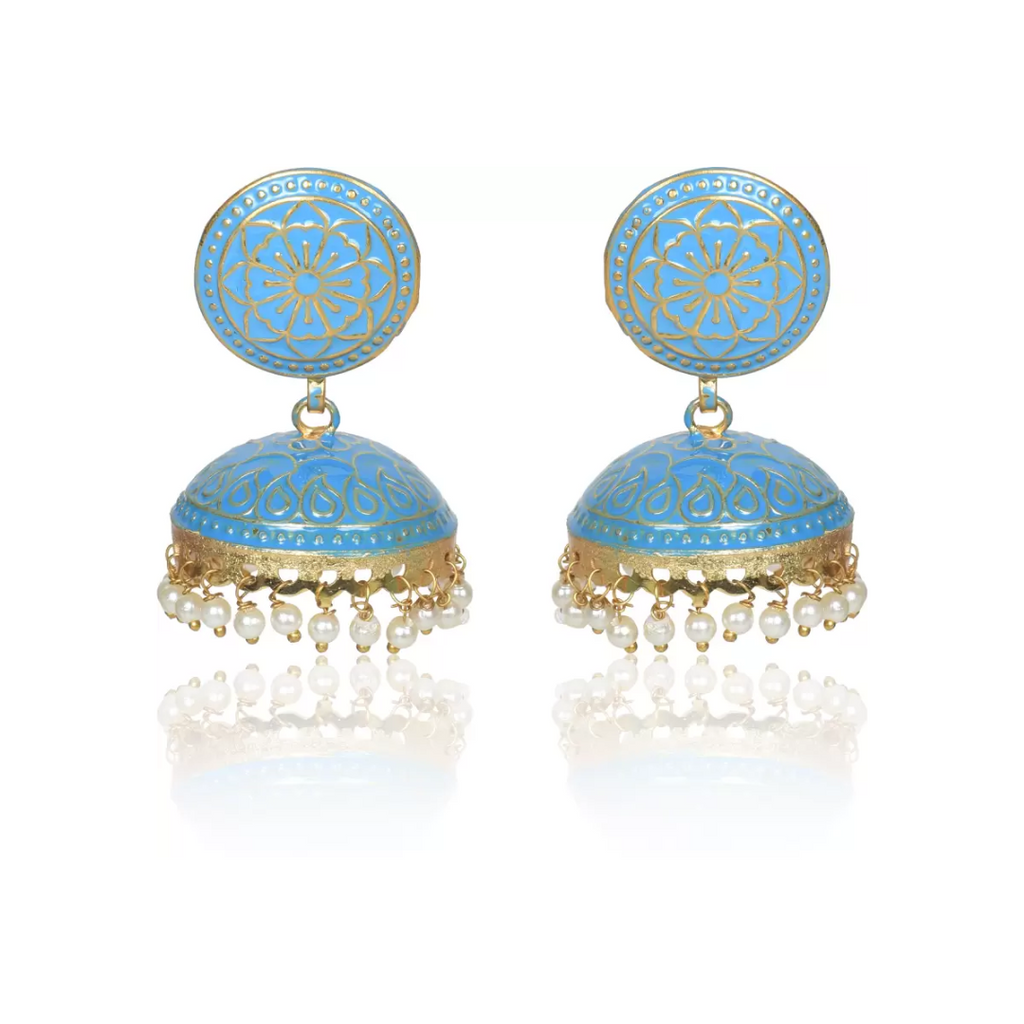 Ethnic Gold Plated Handmade Brass Jhumki/ Jhumka Earrings for Women & Girls (Sky Blue)