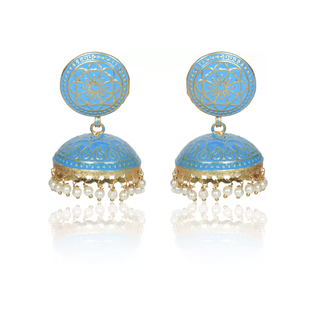 Ethnic Gold Plated Handmade Brass Jhumki/ Jhumka Earrings for Women & Girls (Sky Blue)