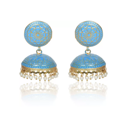 Ethnic Gold Plated Handmade Brass Jhumki/ Jhumka Earrings for Women & Girls (Sky Blue)