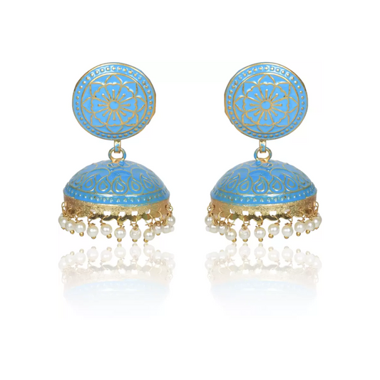 Ethnic Gold Plated Handmade Brass Jhumki/ Jhumka Earrings for Women & Girls (Sky Blue)