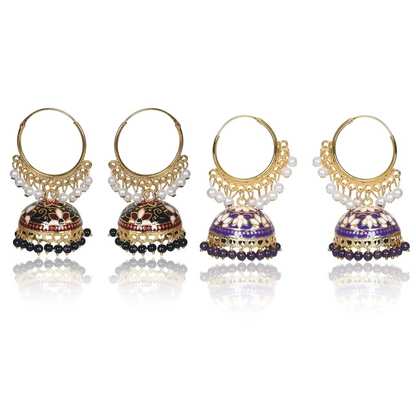 Brass Gold Plated Chandbali Earrings for Women, Combo Jhumki Earrings with Pearls Beads (Black & Purple)