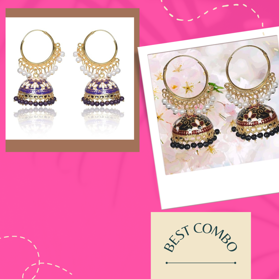 Brass Gold Plated Chandbali Earrings for Women, Combo Jhumki Earrings with Pearls Beads (Black & Purple)