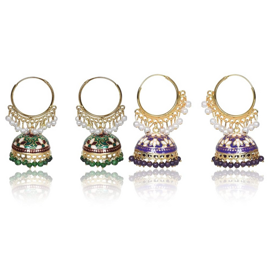 Brass Gold Plated Chandbali Earrings for Women, Combo Jhumki Earrings with Pearls Beads (Dark Green & Purple)