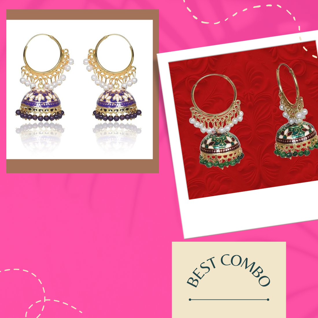 Brass Gold Plated Chandbali Earrings for Women, Combo Jhumki Earrings with Pearls Beads (Dark Green & Purple)