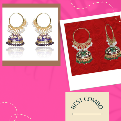 Brass Gold Plated Chandbali Earrings for Women, Combo Jhumki Earrings with Pearls Beads (Dark Green & Purple)