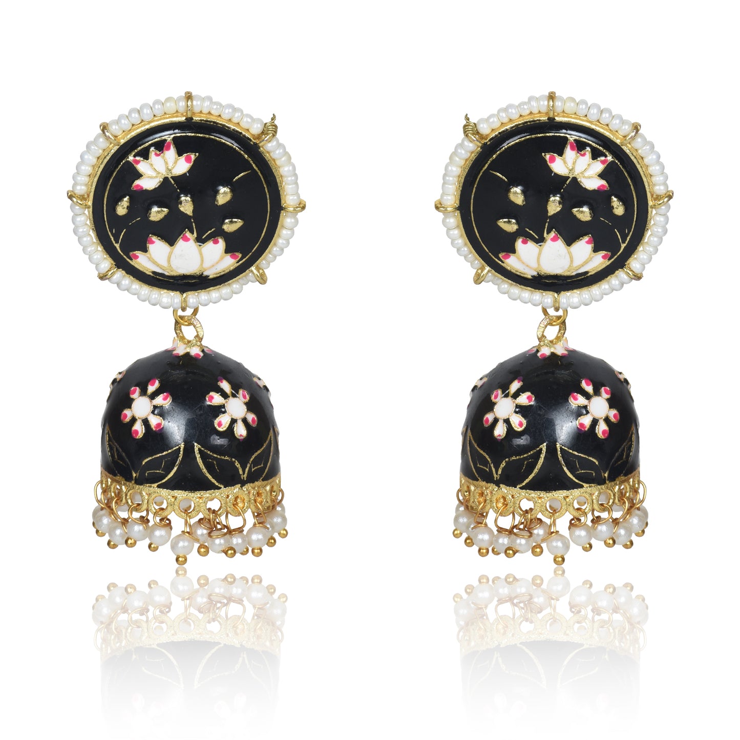 Meenakari Traditional Lotus Engraved Jhumki Earring, Dome Shaped Jhumka Earrings with Pearl Beads for Girls and Women