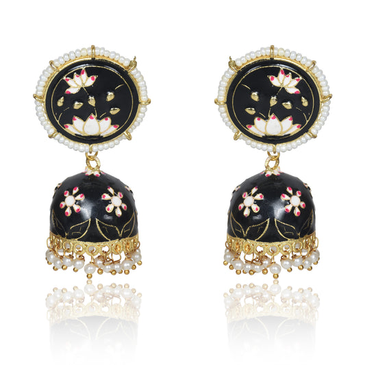 Meenakari Traditional Lotus Engraved Jhumki Earring, Dome Shaped Jhumka Earrings with Pearl Beads for Girls and Women