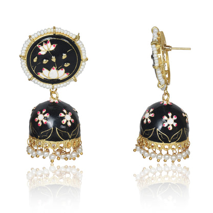 Meenakari Traditional Lotus Engraved Jhumki Earring, Dome Shaped Jhumka Earrings with Pearl Beads for Girls and Women