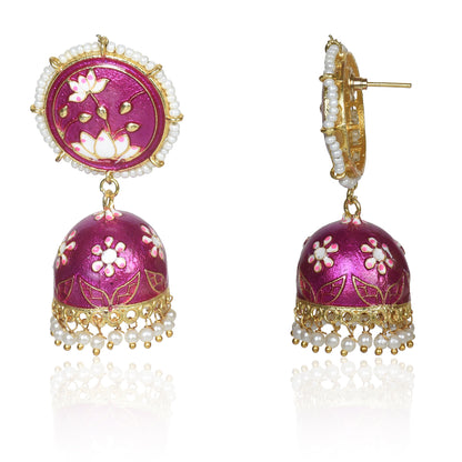 Meenakari Traditional Lotus Engraved Jhumki Earring, Dome Shaped Jhumka Earrings with Pearl Beads for Girls and Women  3.