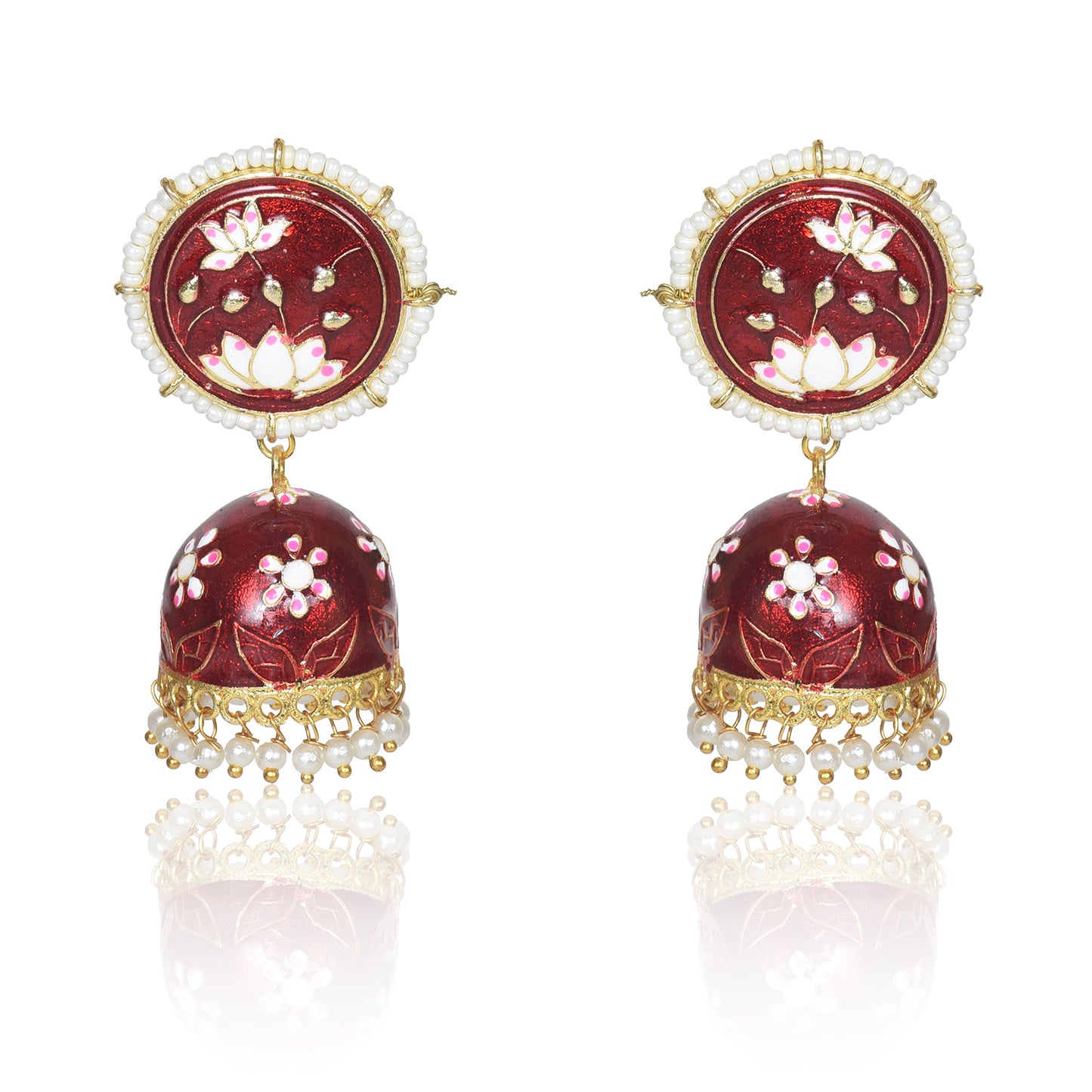 Meenakari Traditional Lotus Engraved Jhumki Earring, Dome Shaped Jhumka Earrings with Pearl Beads for Girls and Women