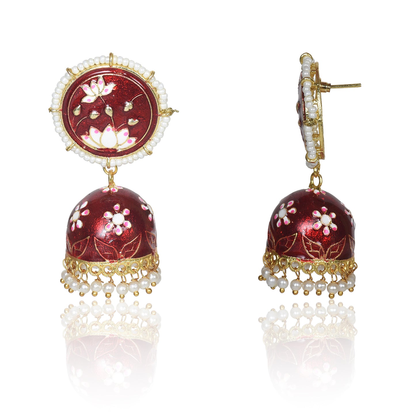 Meenakari Traditional Lotus Engraved Jhumki Earring, Dome Shaped Jhumka Earrings with Pearl Beads for Girls and Women