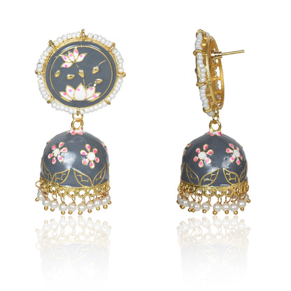 Meenakari Traditional Lotus Engraved Jhumki Earring, Dome Shaped Jhumka Earrings with Pearl Beads for Girls and Women