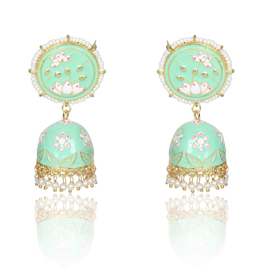 Meenakari Traditional Lotus Engraved Jhumki Earring, Dome Shaped Jhumka Earrings with Pearl Beads for Girls and Women